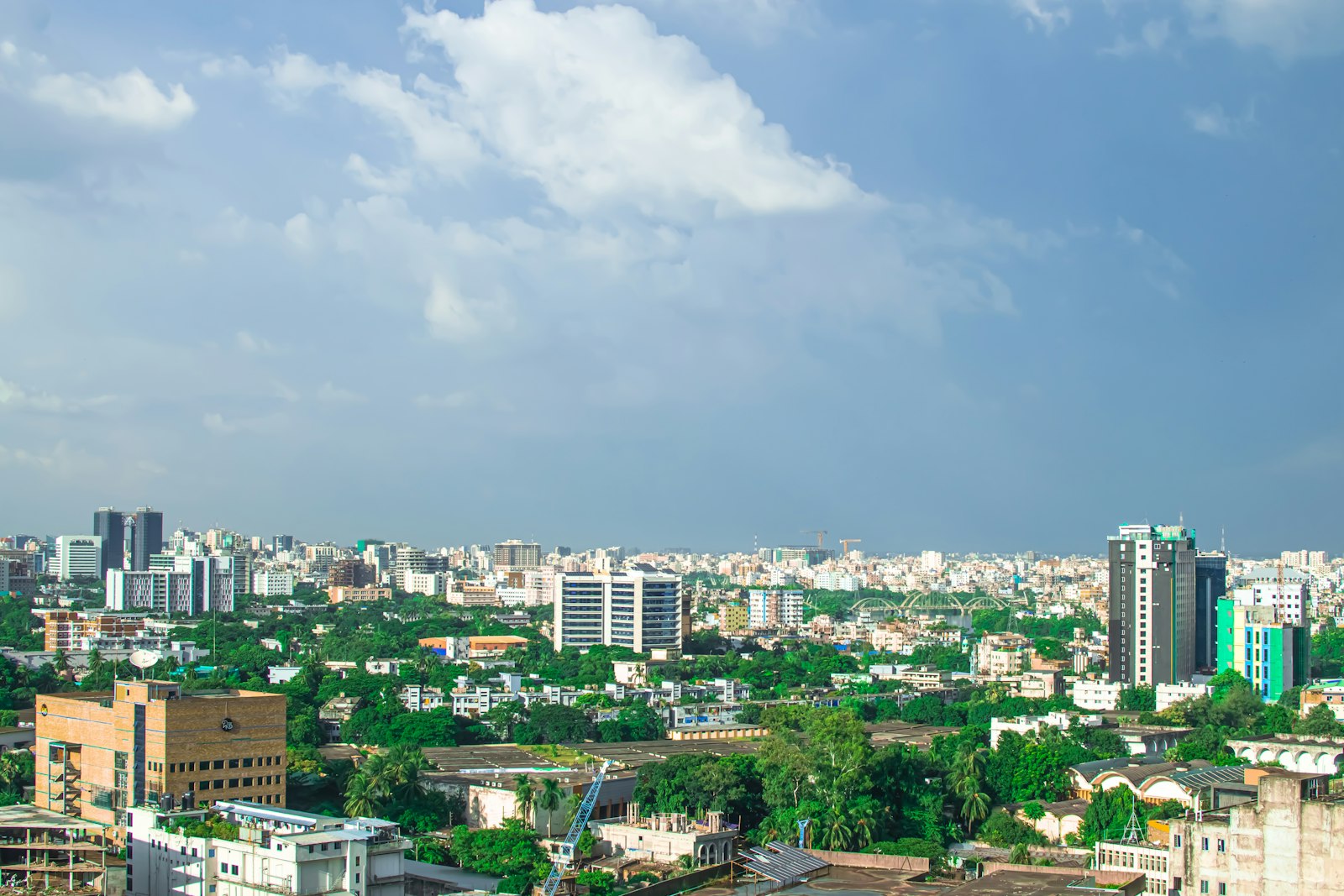 City skyline with green trees and mid-rise buildings under a blue sky